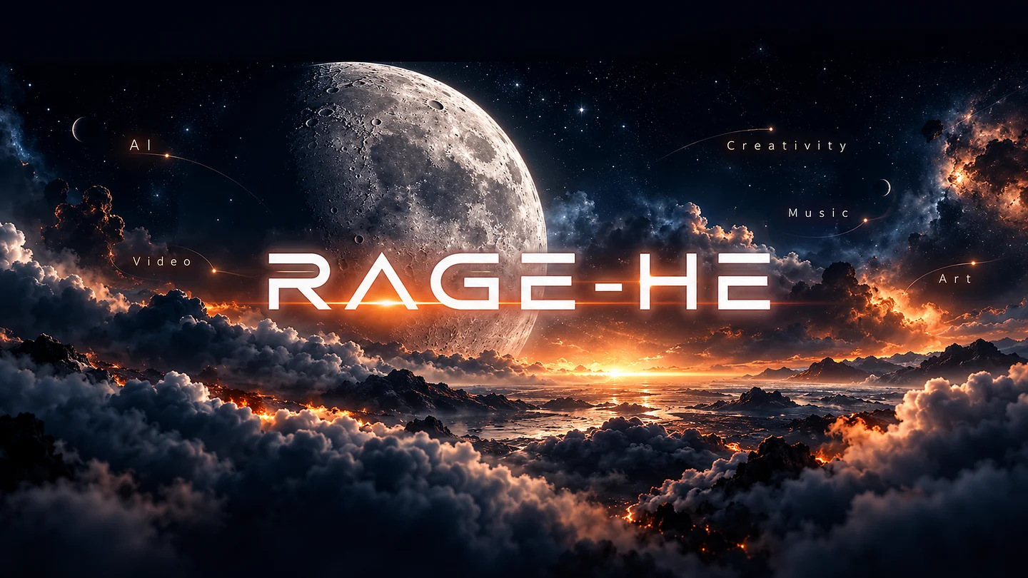 RAGE-HE:s YouTube-banner med måne och glödande orange himmel